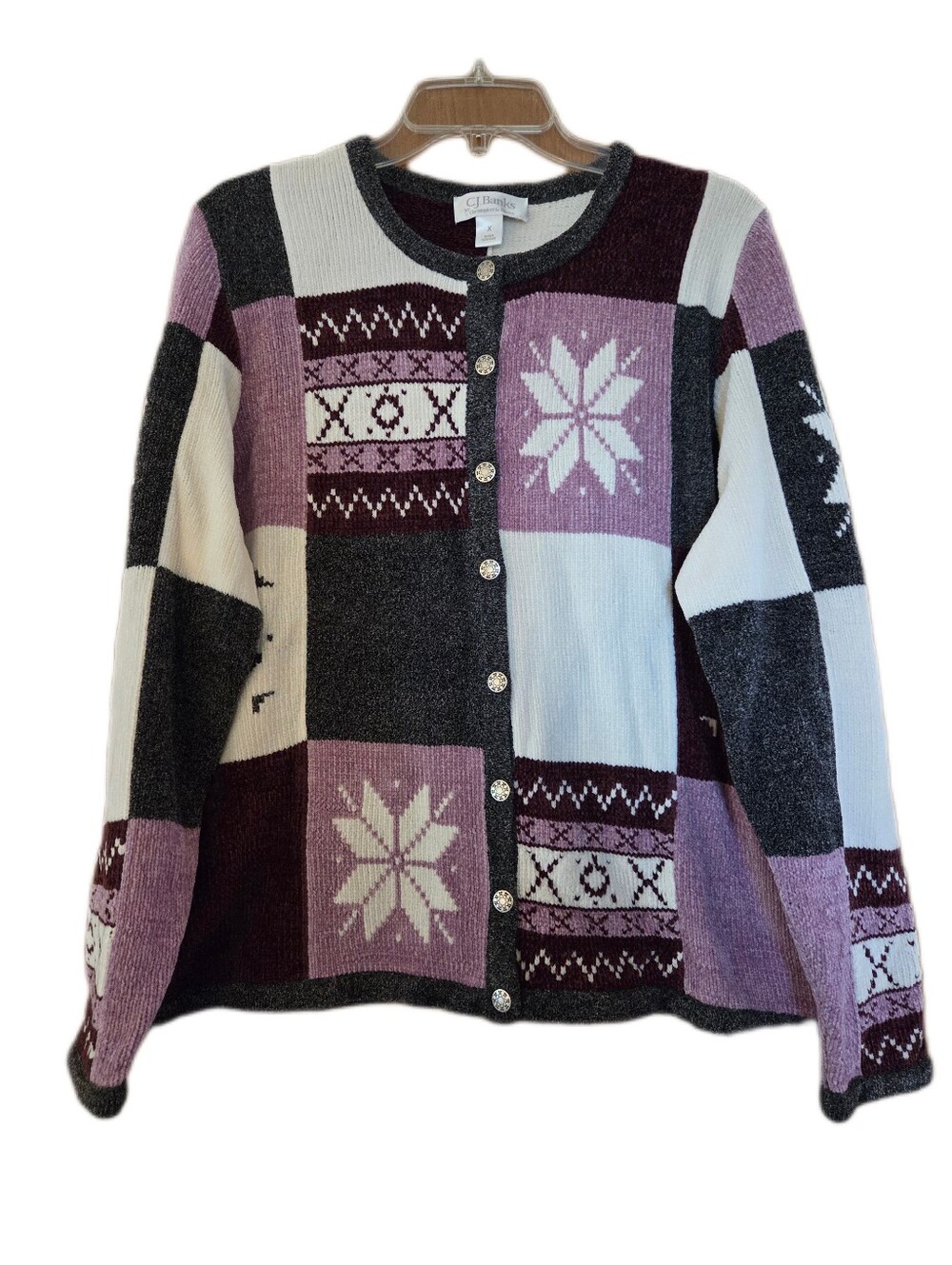 CJ Banks Patchwork Nordic Cardigan Sweater Cottage Core Mauve Gray Size XL